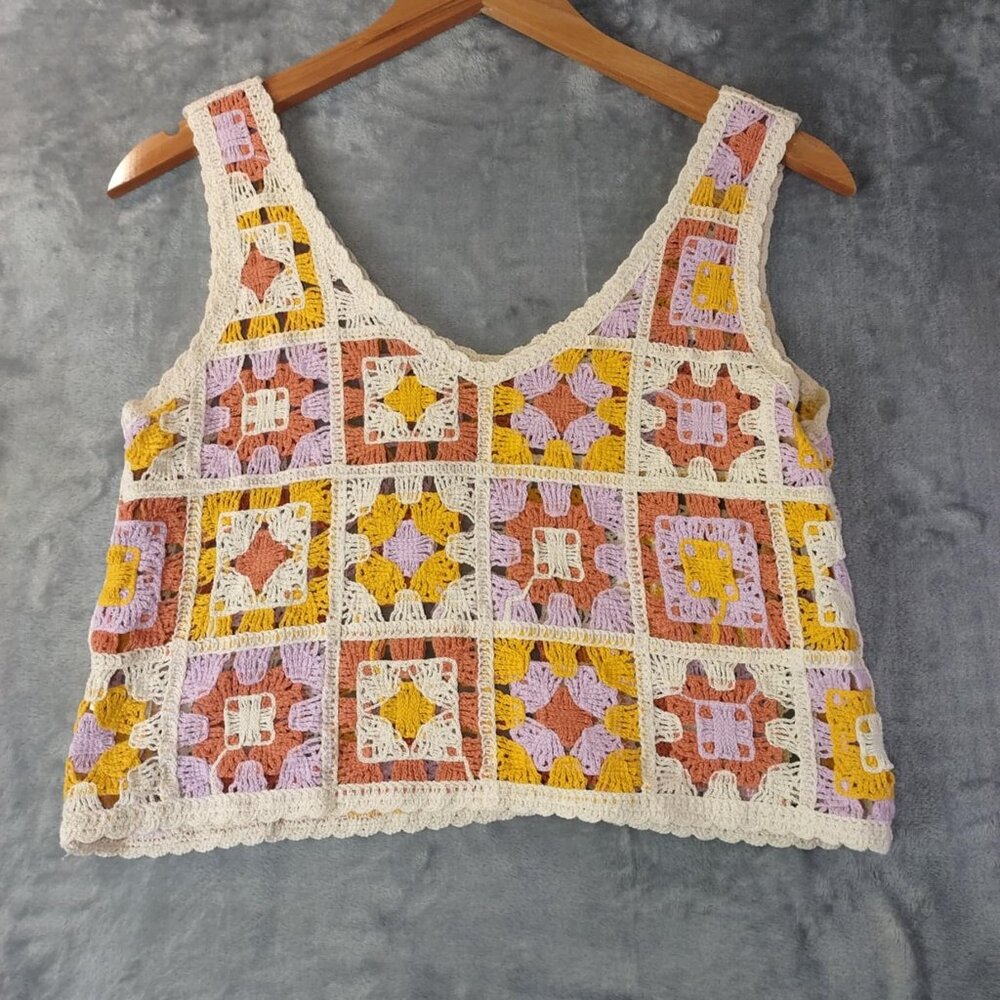 Crochet Patchwork Tank Top - Cream, Yellow & Pink